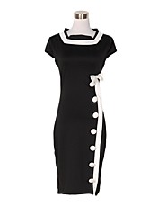 Vintage Branco bowknot Único Breasted vestido preto das mulheres