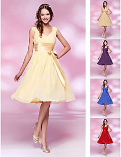 Knee-length Chiffon Bridesmaid Dress - Daffodil / Ruby / Grape / Royal Blue / Champagne Plus Sizes / Petite A-line / Princess V-neck