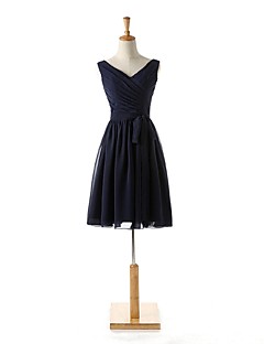 Knee-length Chiffon Bridesmaid Dress-Ink Blue A-line V-neck